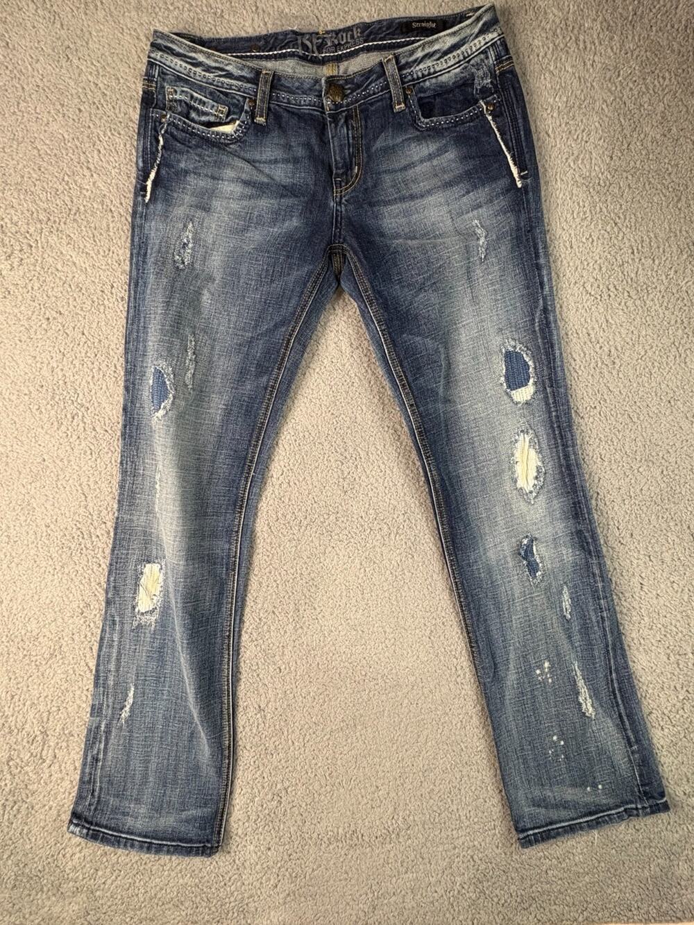 BF Rock For Express Straight Leg Jeans Women's Size 10 Blue Denim Distressed